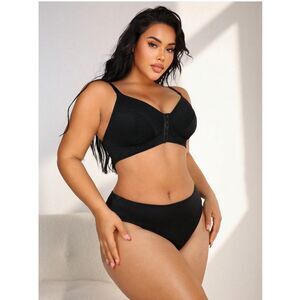 NudeFit 2pcs Plus Size Solid Black Jacquard Front Closure Bra And Panty Set